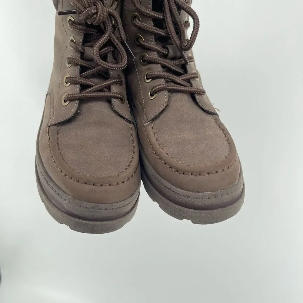 H&M Boys Size 1 Brown Faux Suede Moc Toe Lace Up Zip Chunky Sole Utility Boots